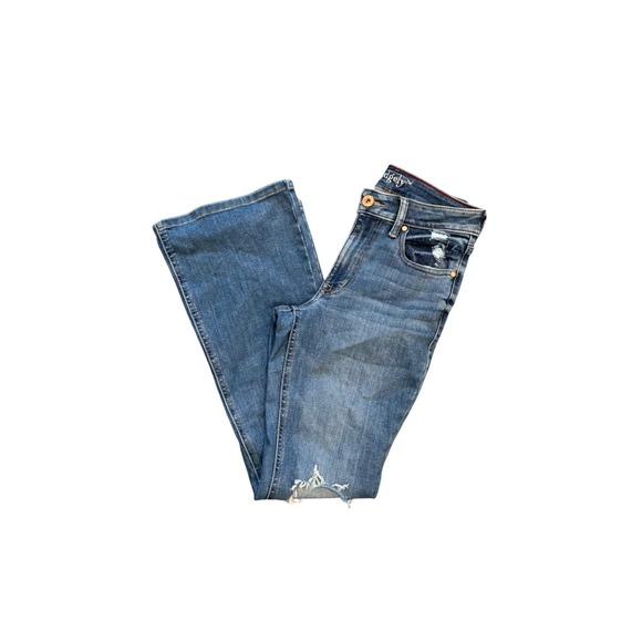 Edgely Denim - Edgely Womens Distressed Flare Jeans Medium Wash Blue Ripped Size 4 Short